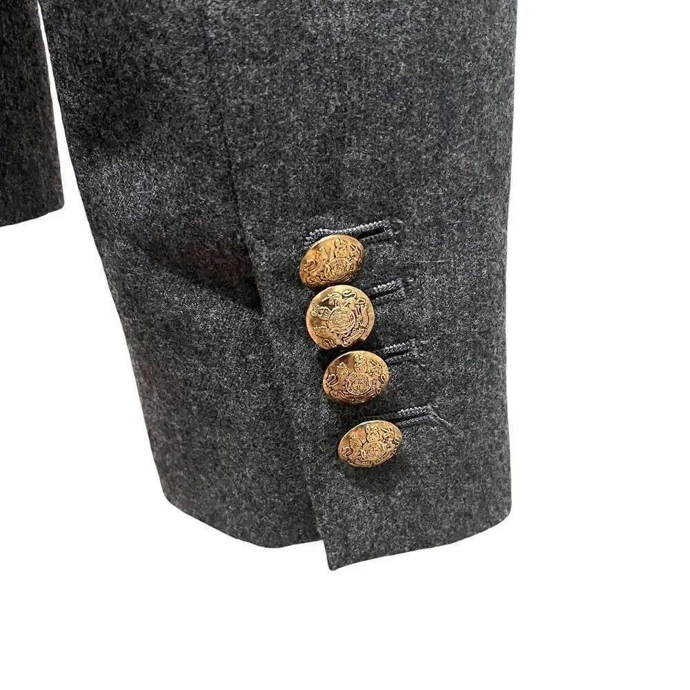 J. Crew Blazer Womens sz 2 Gray 100% Wool Jacket Gold Crest Buttons